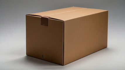 Closed cardboard box lying on a flat brown floor with a partially opened flap in a minimalist setting.