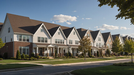 Fototapeta premium Row of modern townhouses with varied designs, neatly landscaped lawns, and sunny sky backdrop.