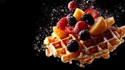 Waffle with berries and peach slices, splashing in mid-air with powdered sugar against a dark background. Vibrant and sweet.