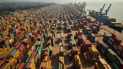 Aerial view of a massive container port with ships and cranes. The containers are stacked high in rows and are all different colors.