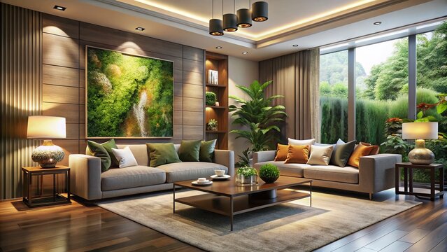 Elegant living room with neutral tones, sleek lines, and modern furniture, accented with lush greenery, vibrant