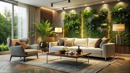 Fototapeta premium Elegant living room with sleek white sofa, velvet armchair, and modern coffee table, surrounded by lush greenery and