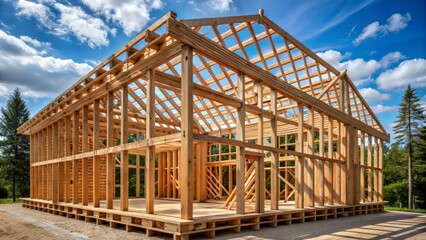 Obraz premium * Intricate wooden framing studs are carefully arranged in perpendicular rows to form a sturdy framework for a