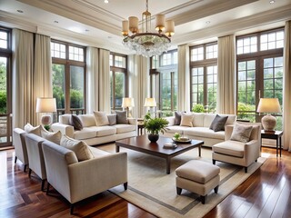 Fototapeta premium Elegant living room with walls painted in soothing neutral tones, adorned with plush white sofas, armchairs, and coffee