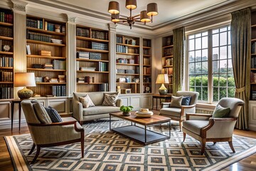 Fototapeta premium Elegant living room with vintage armchairs, geometric patterned rug, and floor-to-ceiling bookshelves, exuding refined