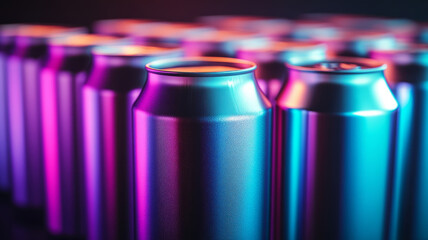 Vibrant aluminum cans illuminated with neon light