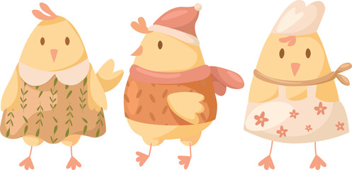 Set with chickens. Vector cartoon in children's style. Various birds. Images isolated on white.