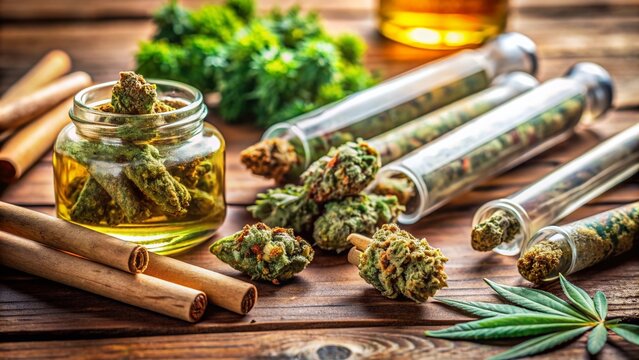 Colorful marijuana buds surrounded by rolled joints and glass vials of cannabis oil, arranged artfully on a wooden table against a blurred background.