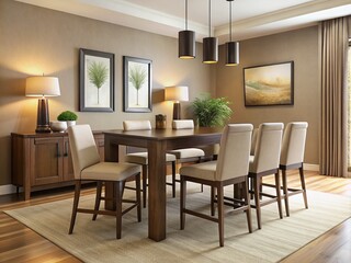 Elegant modern dining room features a rectangular wooden table, matching bar-height chairs, and a sleek, low-profile
