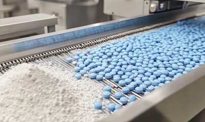 Blue pills on a conveyor belt in a pharmaceutical factory.
