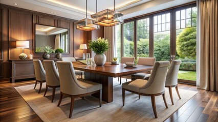 Fototapeta premium Elegant modern dining room set with sleek wooden table and four matching chairs, surrounded by tasteful decor and