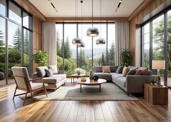 Fototapeta premium Elegant modern living room features sleek wooden flooring, minimalist décor, and floor-to-ceiling windows, perfect for