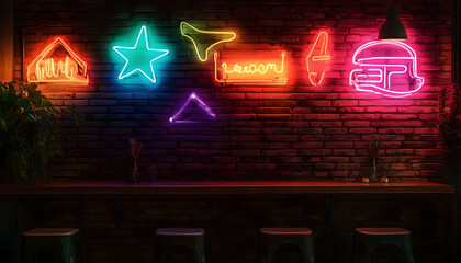 A vibrant illustration of colorful neon signs hanging on a brick wall