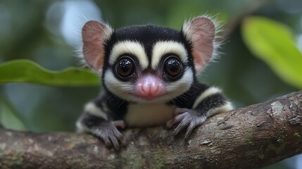 Obraz premium A cute, black and white pygmy loris with big, round eyes sits on a branch, staring at the camera.