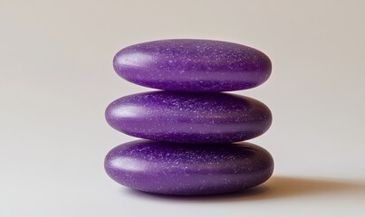 Three purple stones stacked on top of each other, isolated on a white background.