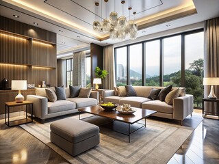Fototapeta premium Elegant modern living room with sleek lines, minimalist decor, and vast windows allowing natural light to illuminate