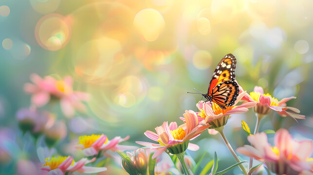 Abstract nature spring background with spring flowers and butterflies.