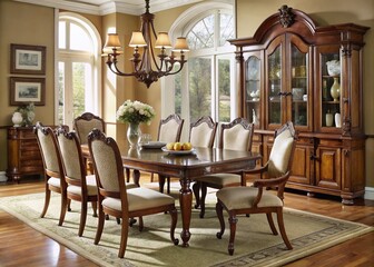 Fototapeta premium Elegant nine-piece dining room furniture set featuring a large rectangular table, eight upholstered chairs, and a