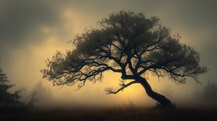 Obraz premium A dimly lit, misty forest glade at dawn features a solitary tree suspended in a veil of grey