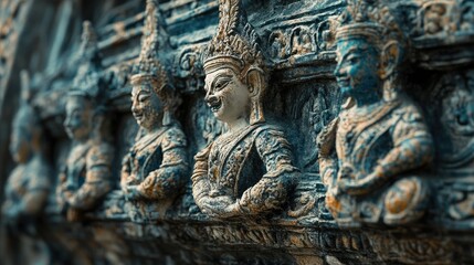 Fototapeta premium A close-up of the Prang of Wat Arunintricate carvings, featuring mythological figures and elaborate designs.