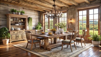 Elegant rustic dining room features distressed wood furniture, vintage decor, and plenty of natural light, evoking a