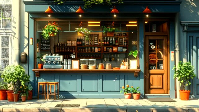Cozy coffee shop with blue front and welcoming open facade on a sunny street. Seamless looping 4k time-lapse video background
