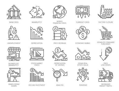 Economic crisis and money loss icons, downturn and bankruptcy symbols, line vector. World financial crisis and global economy recession icons of business bankruptcy, finance downturn and unemployment