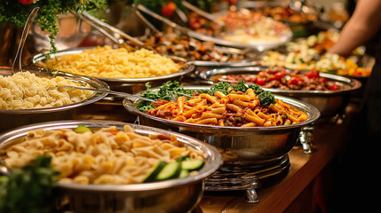Obraz premium Buffet spread featuring a variety of pasta and fresh vegetables at a catered event in the evening
