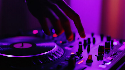 Obraz premium Close-up of DJ mixing music on a professional turntable console in vibrant purple and pink lighting, creating a party atmosphere.