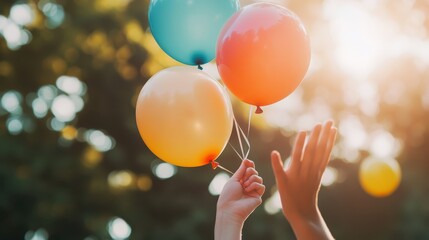  A pair of hands releasing colorful balloons, the sense of happiness in the air, close-up with bright sunlight, emotional and uplifting