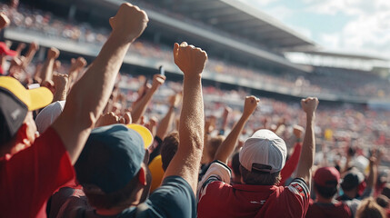 F1 fans cheering up racers during Gran prix. Sports fans lift the spirits. Formula 1 racing cars during competition. men raises their hands in jubilation. F1 fans celebrating victory of the pilot.