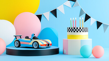 a racing car birthday set with checkered flags, a podium shaped like a winner's platform, and a racecar cake with candles