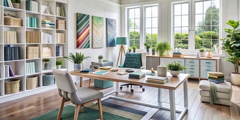 Fototapeta premium Elegant workspace with neatly organized design boards, color swatches, fabric samples, and inspirational prints,