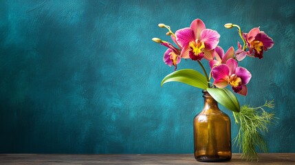 Pink orchid flowers in a brown glass vase on a wooden table against a teal background.