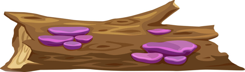 Cartoon wooden log with purple fungi growing on it. Isolated vector jungle, landscape, prehistoric dinosaur era environment game asset, natural forest element, fallen tree trunk with vibrant mushrooms © Vector Tradition