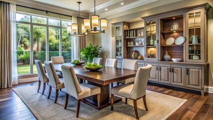 Elegantly arranged dining room with a rectangular table, chairs, and Hutch, demonstrating a well-designed layout for