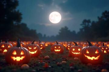 A field of pumpkins with a full moon in the background. Scene is spooky and festive