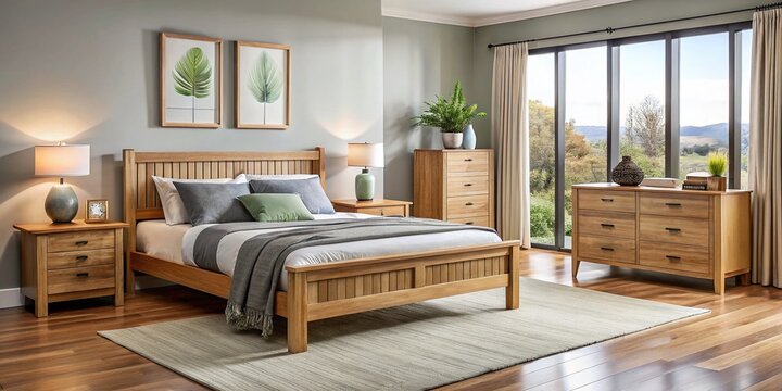 Elegantly designed bedroom featuring blackbutt wood furniture, including a stylish bed frame, nightstand, and dresser,