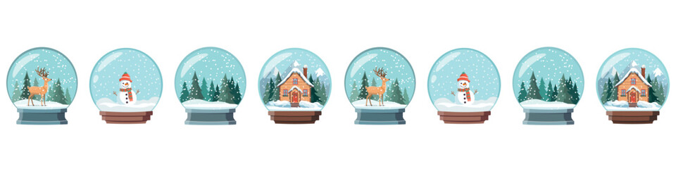 Seamless pattern with snow globes with winter scenes. Illustrations on Christmas theme. Design for winter season or Christmas.