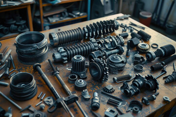 Naklejka premium Various mechanical parts are meticulously laid out on a workbench, highlighting intricate gears, screws, and essential tools in a workshop setting