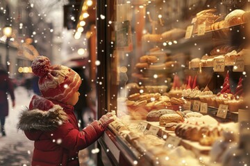 A child, captivated by festive pastries in a bakery window, enjoys the cozy winter decor. The scene is charming and cheerful, exuding a warm and enchanting ambiance filled with magic and joy