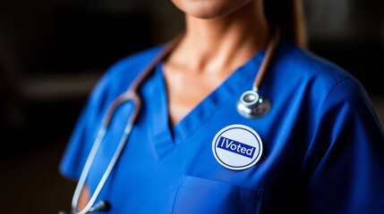 Close-up of a nurse wearing a blue uniform with a stethoscope and an "I Voted" sticker, representing healthcare professionals' civic engagement. Ideal for Election Day and healthcare-related themes