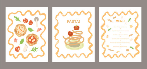 Vector hand painted trendy traditional Italian cuisine: pizza, lasagna pasta illustration. Cute flat simple hand drawn modern interior art poster collection