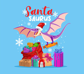 Christmas dinosaur Santa or Santasaurus pterodactyl with gifts in bag, cartoon vector. Merry Christmas greetings with funny Jurassic dino lizard with candy gifts in wrapper with ribbons and snowflakes