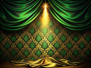 Dark gold fabric background with lavish green light casts an opulent ambiance, surrounded by abstract black luxury patterns, evoking sophistication and high-end elegance.
