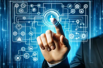 Fototapeta premium A futuristic image featuring a businessman pointing at a digital interface with flowchart diagrams