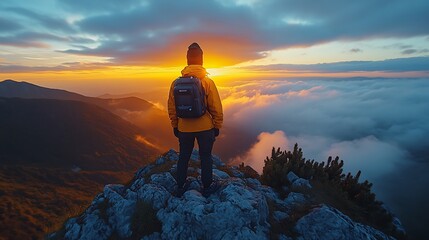 Fototapeta premium A lone hiker stands on a mountain peak, silhouetted against a stunning sunset and a sea of clouds.