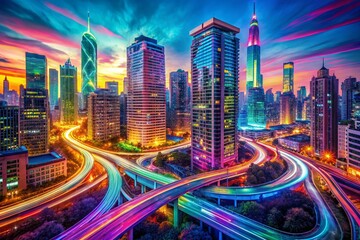 Fototapeta premium Vibrant neon hues illuminate a futuristic cityscape of sweeping curves and angular skyscrapers in a mesmerizing digital art piece blending abstract expressionism and urban landscape.