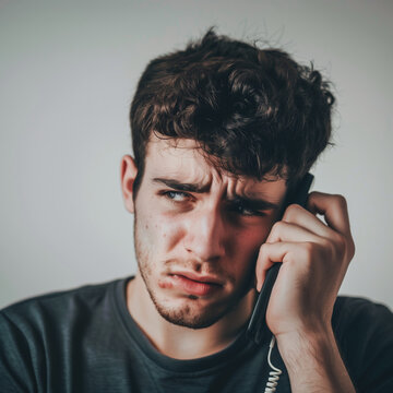 A young man on the telephone reciving news that appears to make him upset or confused 