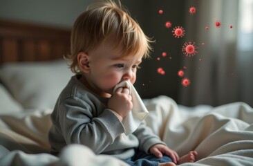 A small, cold-stricken child is sitting on the bed, blowing his nose into a napkin, and cold and flu viruses are flying around his head